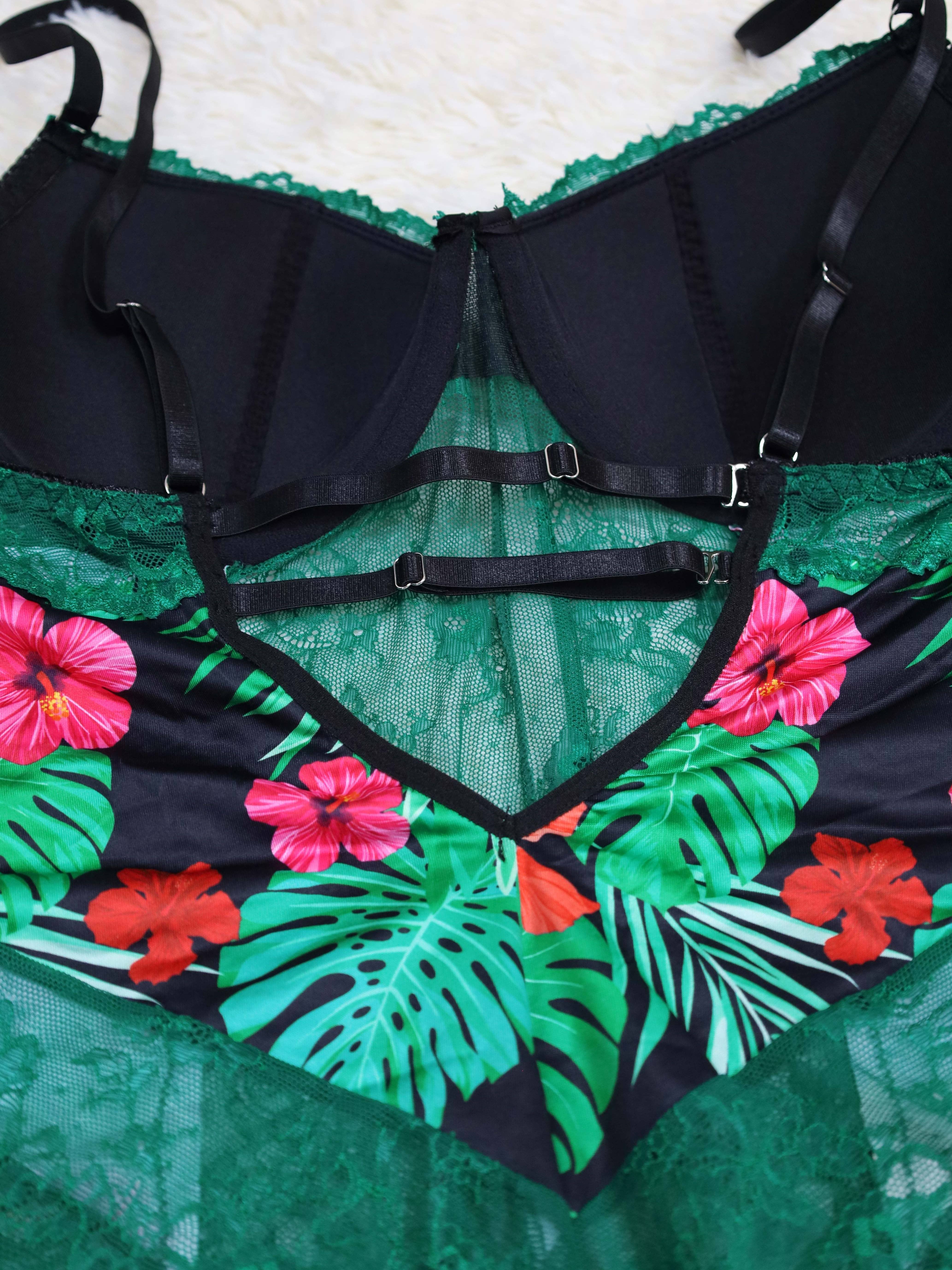 Plus Size Sexy Lingerie Bodysuit, Women's Plus Tropical Print Contrast Lace  Underwire Teddy Bodysuit