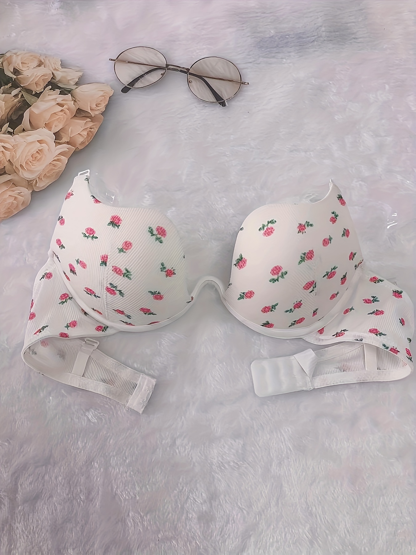 Floral Print Push Up Bra, Elegant & Comfy Stretch Full Coverage Bra,  Women's Lingerie & Underwear