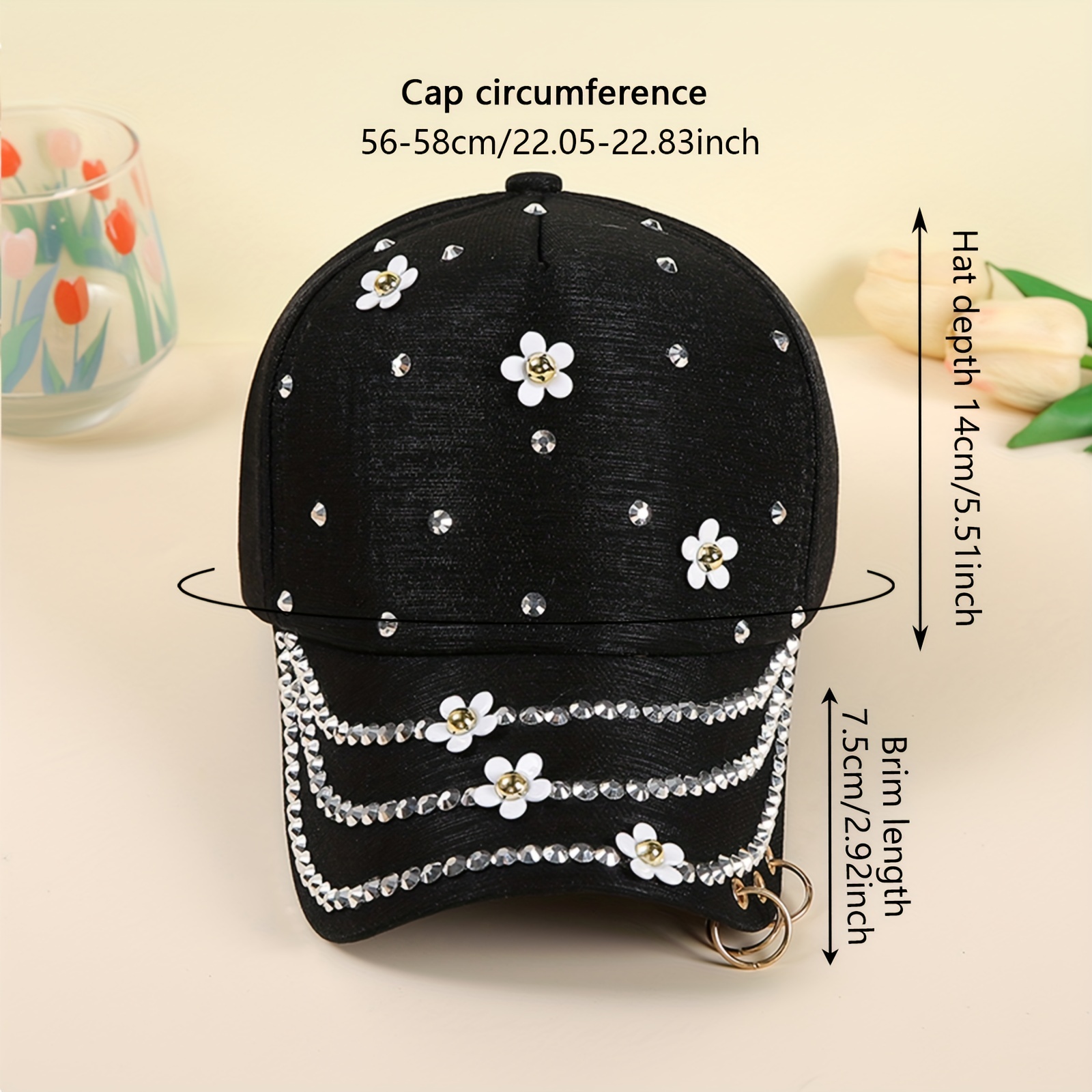 Rhinestone Flower Decor Baseball Elegant Shiny Black - Temu