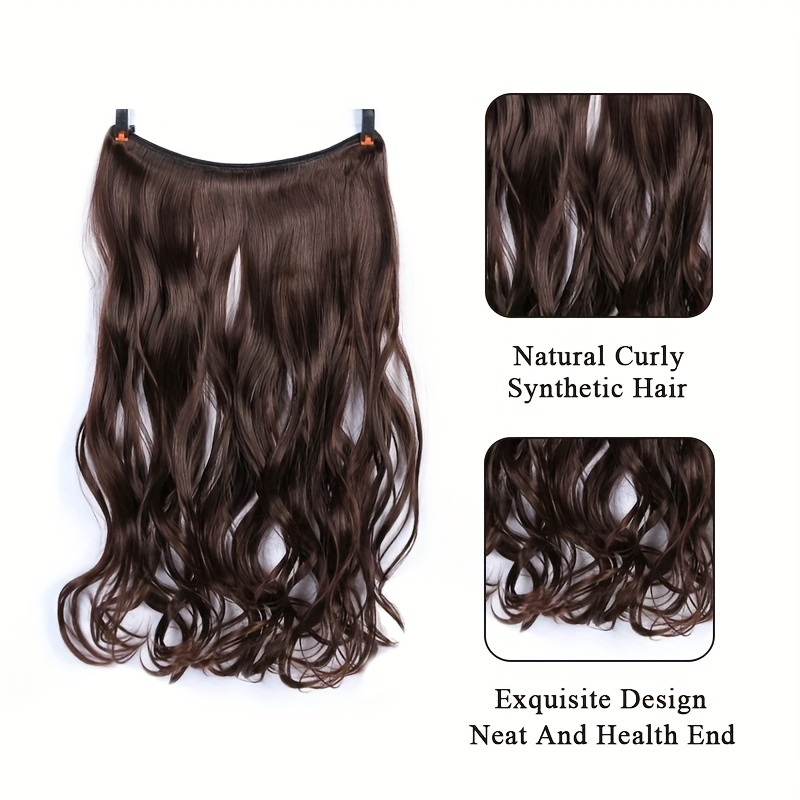 Long Wavy Invisible Wire Hair Extensions Synthetic Hairpiece With Transparent Wire Adjustable Size, Light Ash Brown With Blonde Highlights Hair