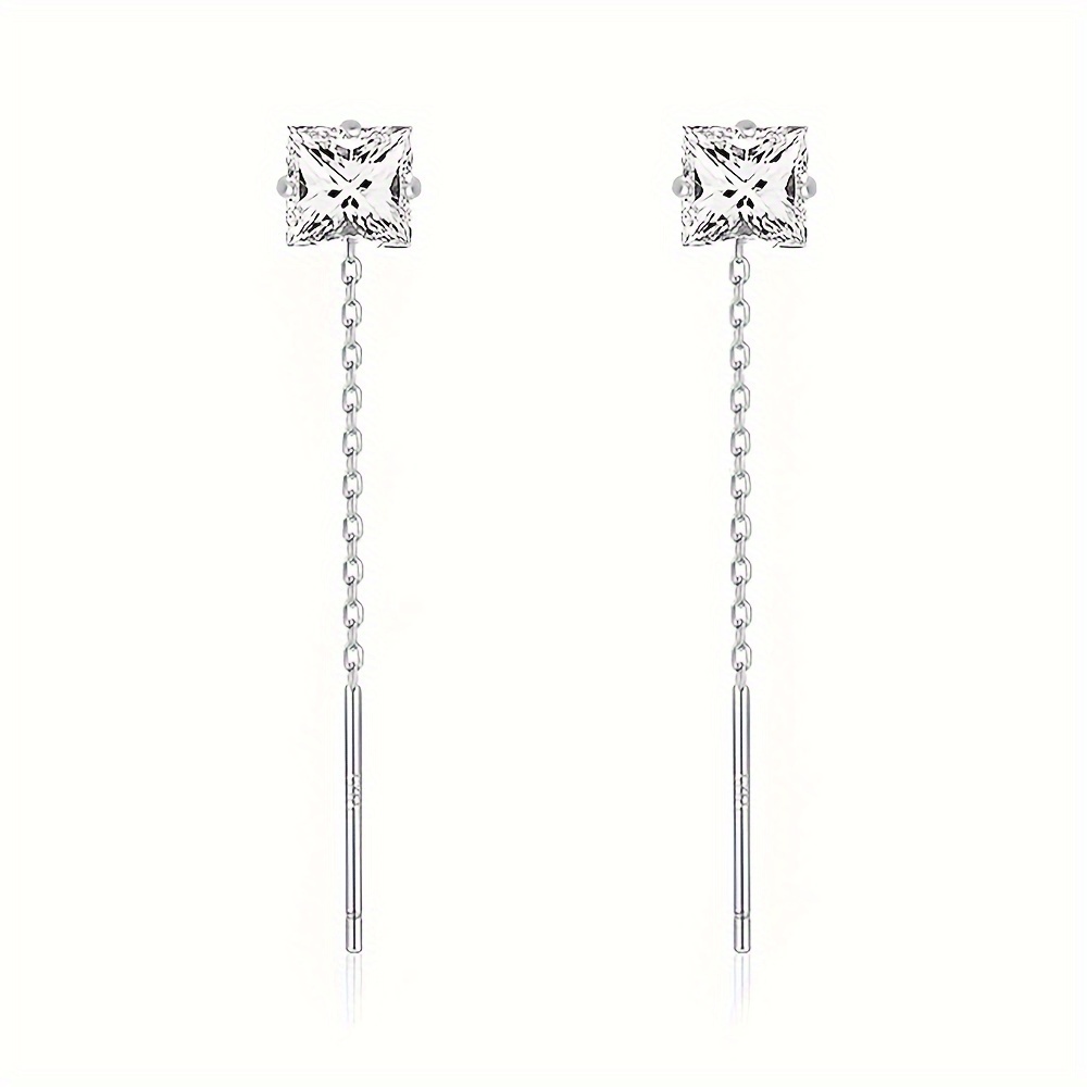 Sterling 925 Silver Hypoallergenic Ear Jewelry Cube Shiny Zirconia Decor Chain Design Dangle Earrings Elegant Simple Style Female Gift details 3