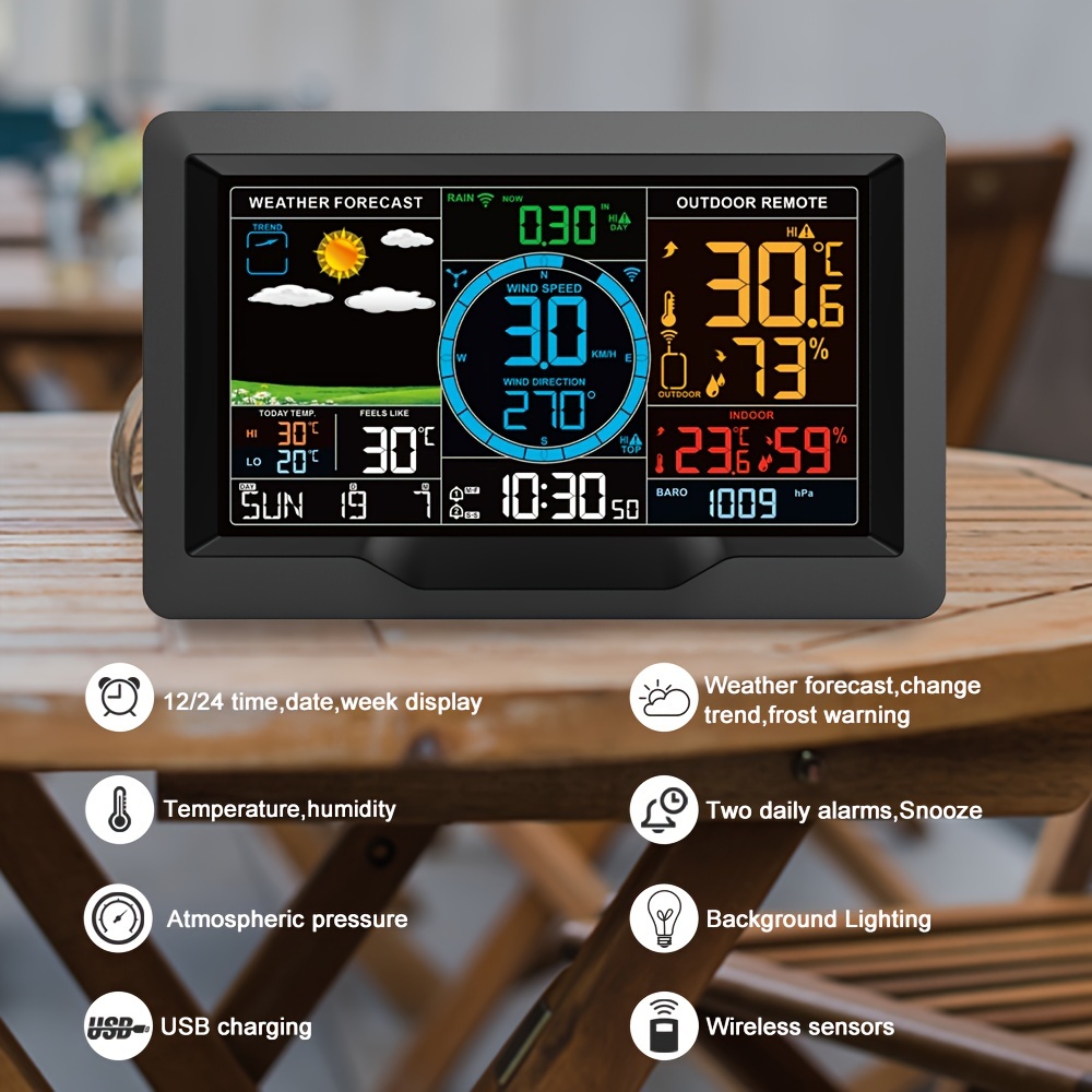 Weather Station Wireless Indoor Outdoor Thermometer with Color Display  Atomic Clock, Weather Thermometer Forecast Station with Sunrise Sunset Time  and