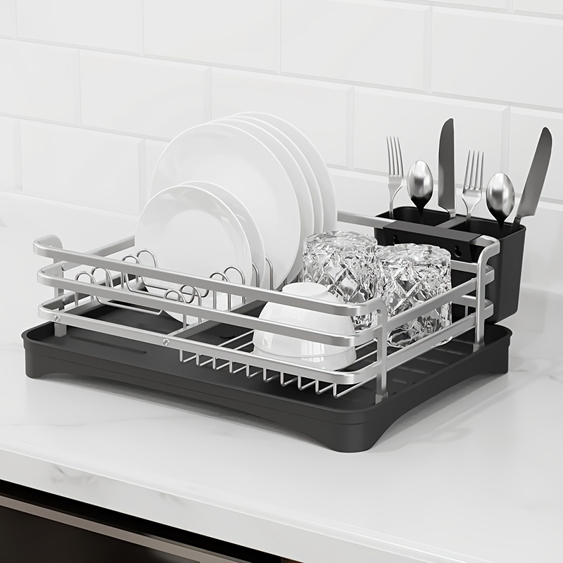 Dish Drying Rack- Space-Saving Dish Rack, Dish Racks for Kitchen Counter,  Durable Stainless Steel Kitchen Drying Rack with a Cutlery Holder, Black