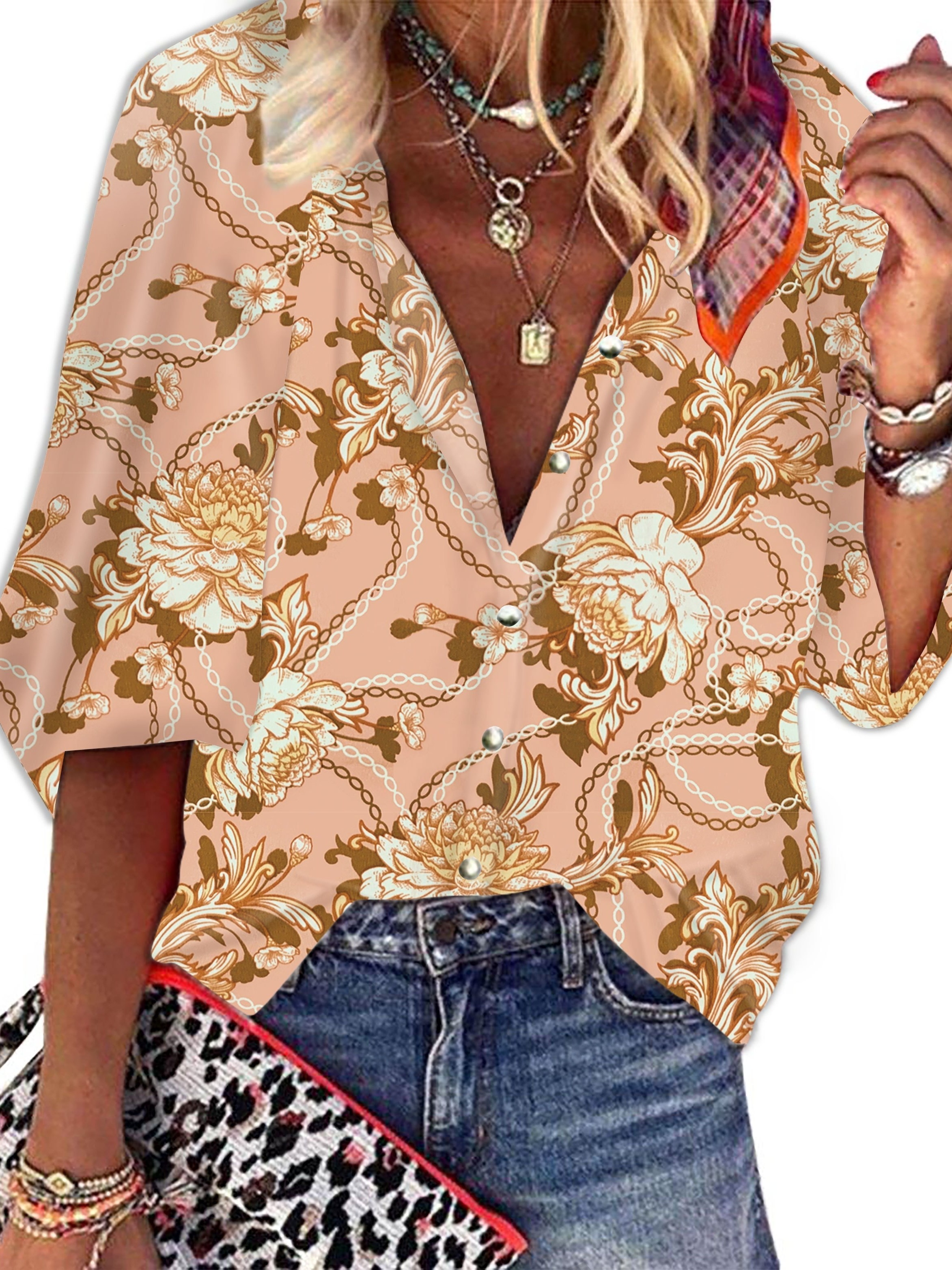 floral & chains print casual blouse