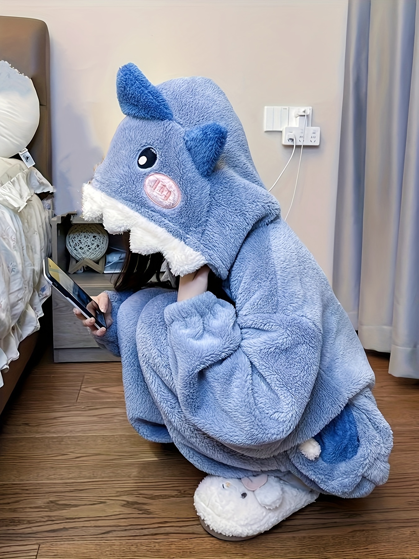 Pijama Con Estampado De Tiburón Azul Para El Hogar, Moda de Mujer