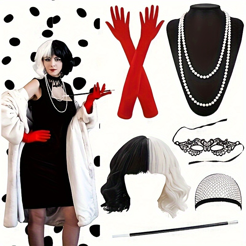 Temu Elegant Cosplay Accessories Set, Unique Color Block Black & White Short Curly Wig, Curly Human Hair Wigs Set, & Gloves & Sexy Eye Mask & Necklace 
