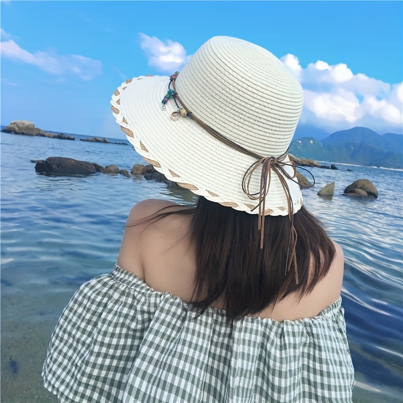 Braided Trim Wide Brim Hat Shell Beads Decor Sun Protection - Temu
