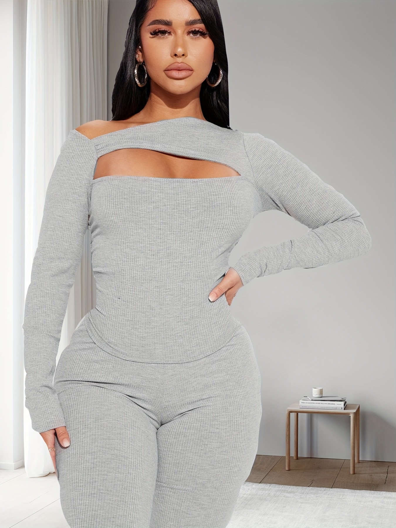 Athleisure Solid Two piece Set Long Sleeve Skinny T shirt - Temu