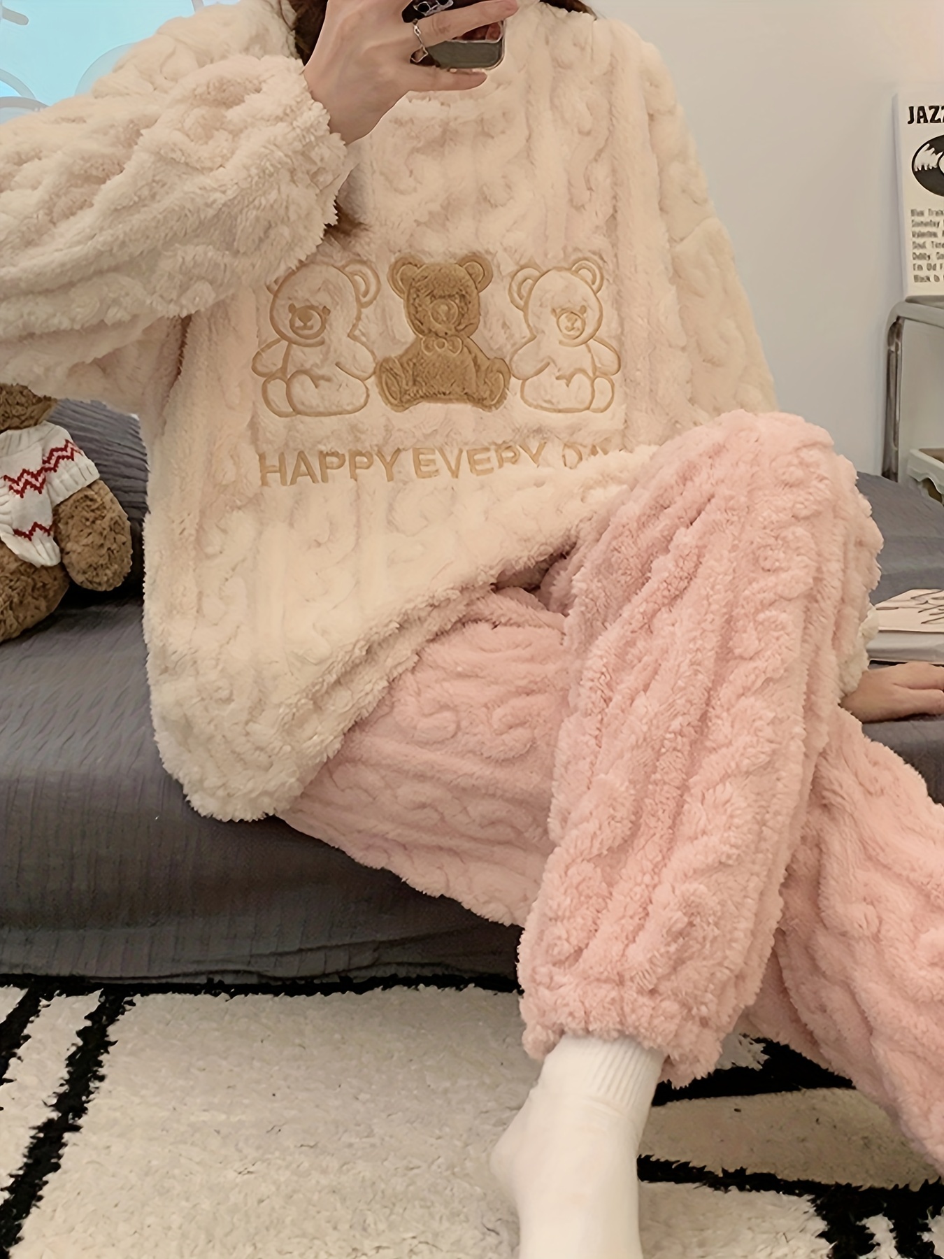 Winter Oversize Fuzzy Pajama Set Cute Bunny Ear Hooded Fluffy Homewear 2  Piece Soft Cozy Button Sleep Top And Wide Leg Pants