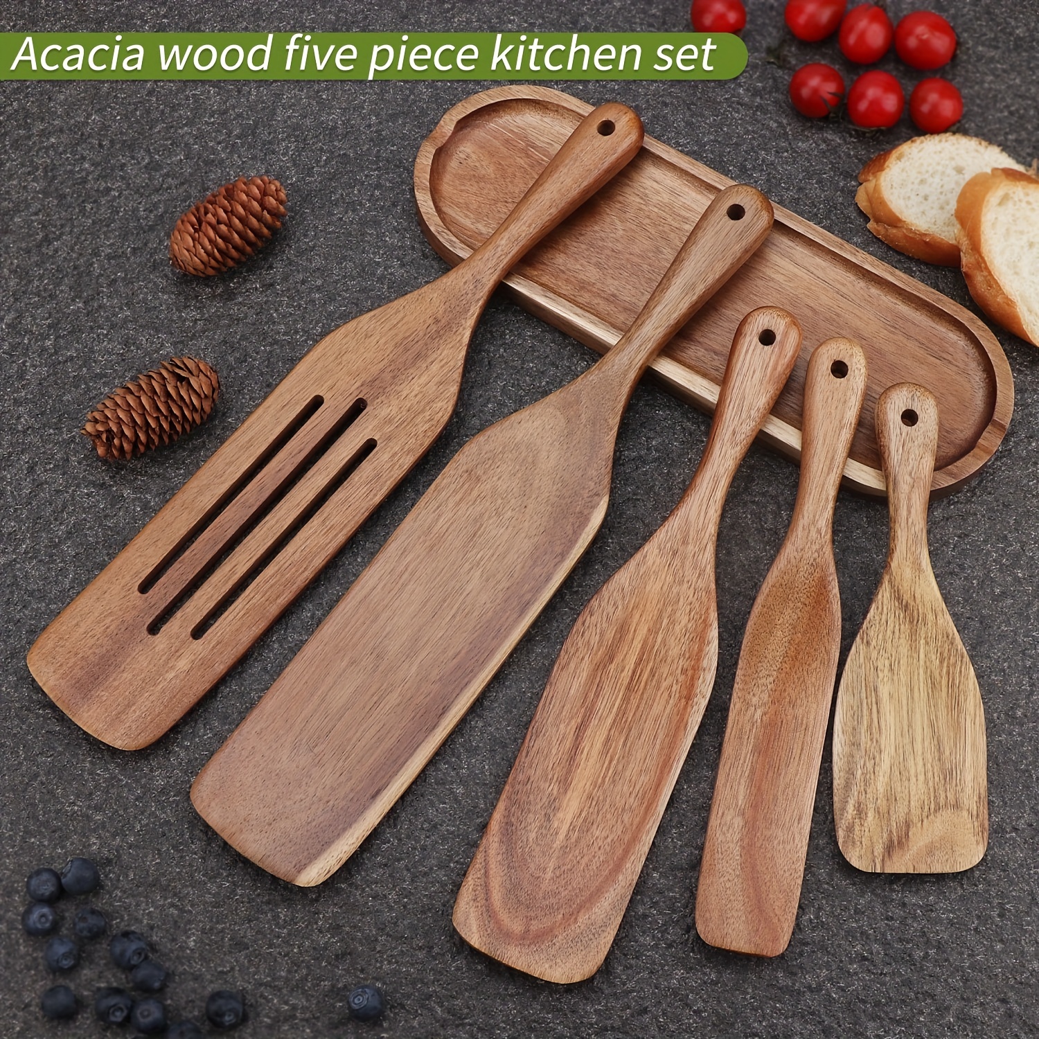 KITEISCAT Cucharas de madera de acacia para cocinar: juego de utensilios de  cocina y cocina de 5 piezas - espátula de madera, cuchara ranurada y para