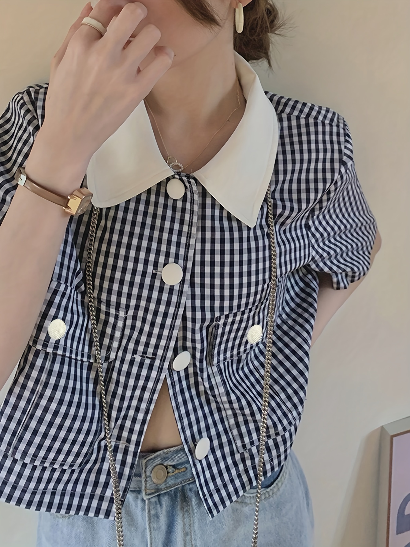 Short Sleeve Open-Collar Plaid Cropped Shirt