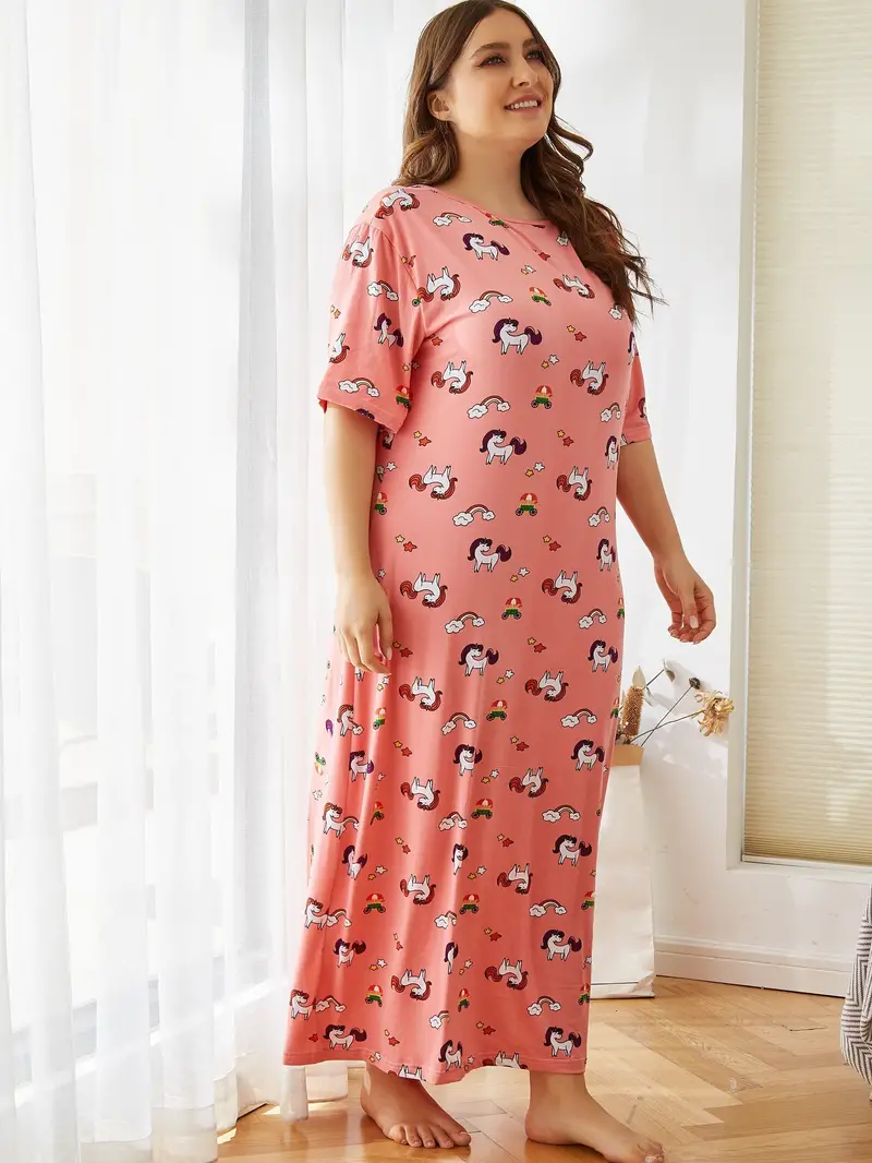 Plus Size Kawaii Nightdress Women's Plus Unicorn Print Half - Temu