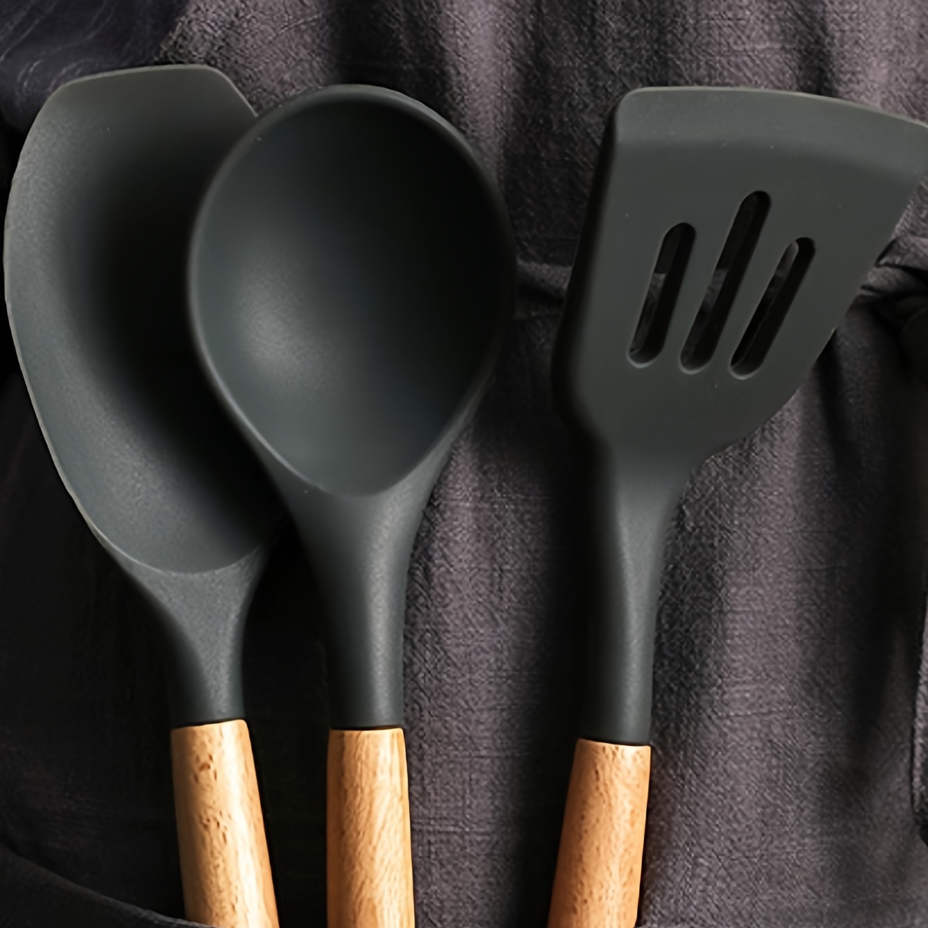 Juego de utensilios de cocina de silicona – Utensilios de cocina de  silicona resistentes al calor, juego de utensilios de cocina de mango de  madera