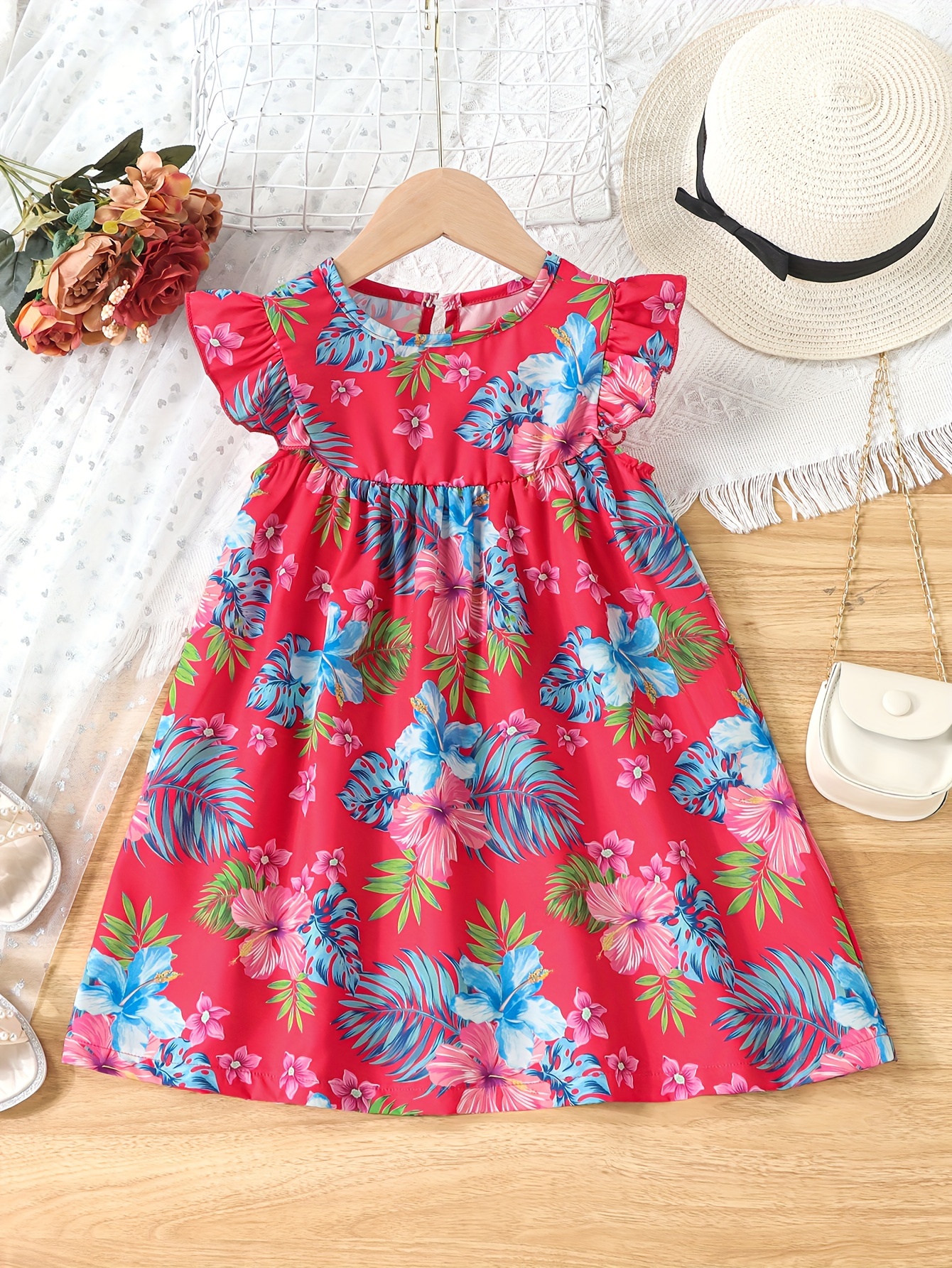 Vestido Casual Empalmado Gráfico Flores Manga Corta Niñas - Temu