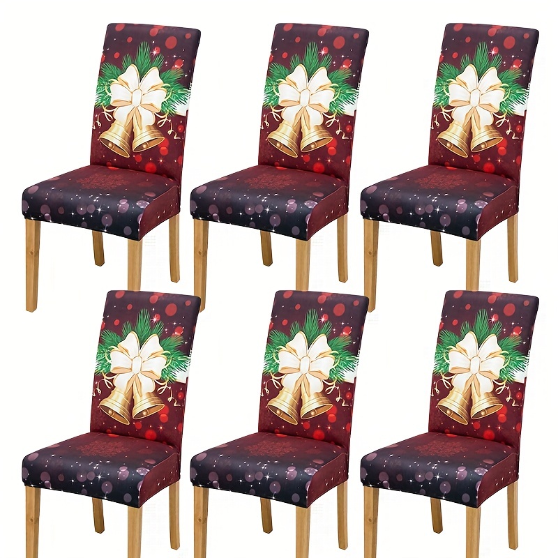

4/6pcs Milk Silk Elastic Christmas Red Bells Pattern Dining Chair Slipcovers, Chair Cover For Hotel Dining Room Office Banquet House Home Decor Christmas Decor