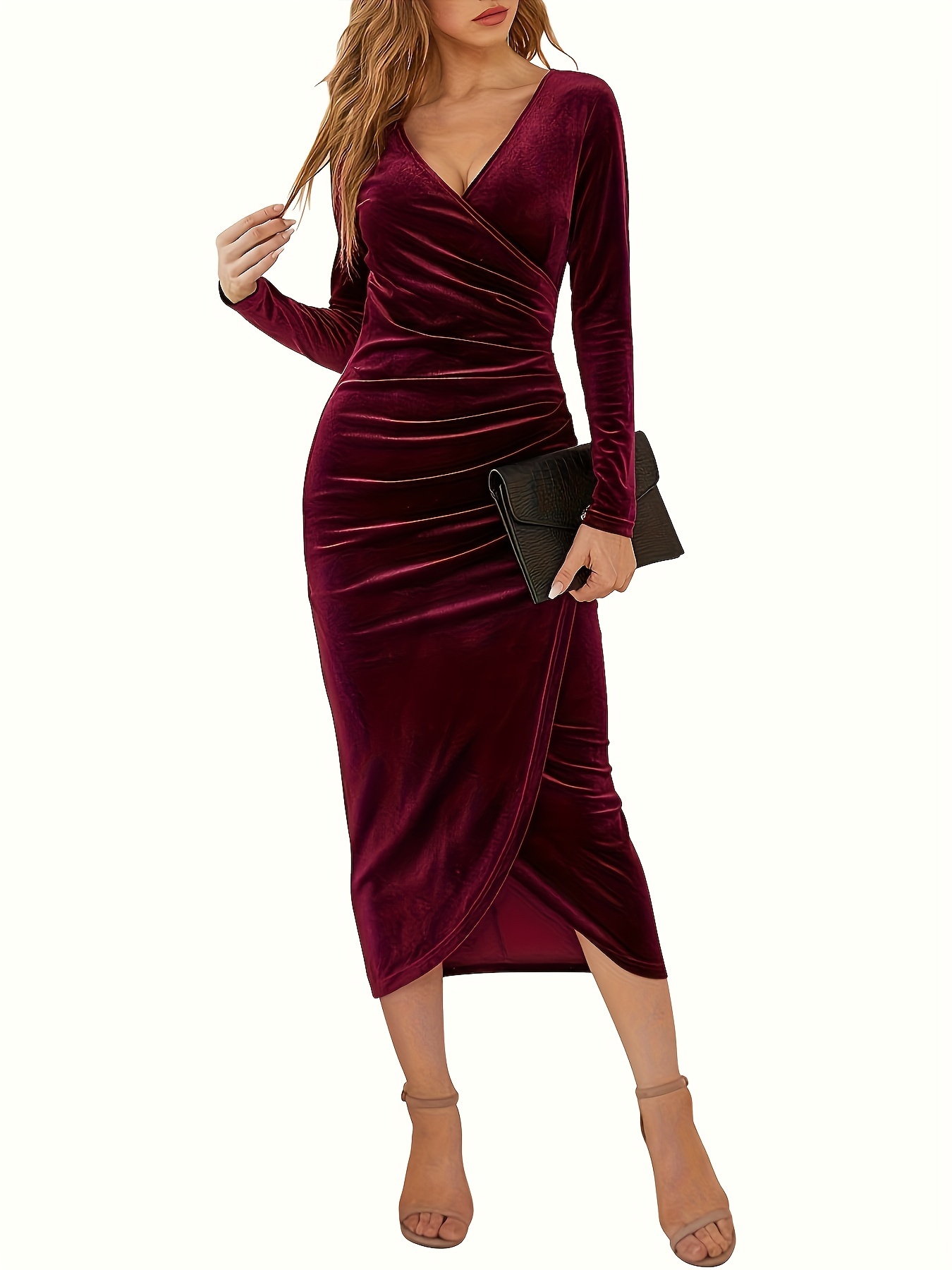 Burgundy Velvet Long Sleeve Draped Midi Dress