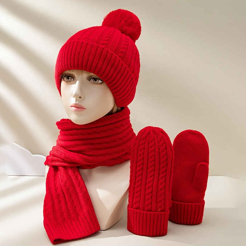 3pcs Red Gloves Scarf Beanie Set For Women Trendy Ribbed Knit Hat Beanie  With Pom Thick Warm Mittens Elastic Coldproof Scarves Winter Accessories
