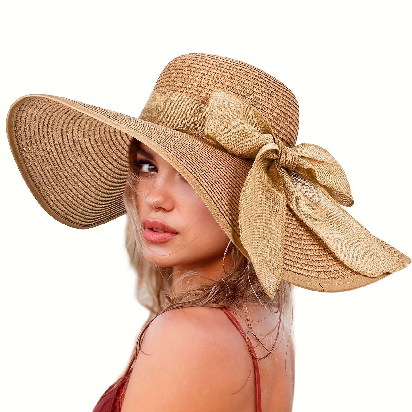 Wide Brim Floppy Sun Hat, Bucket Hats Elegant Bowknot Decor Travel Beach Hats Classic Oversized Straw Hats for Women Summer,SUN/UV Protection,Temu