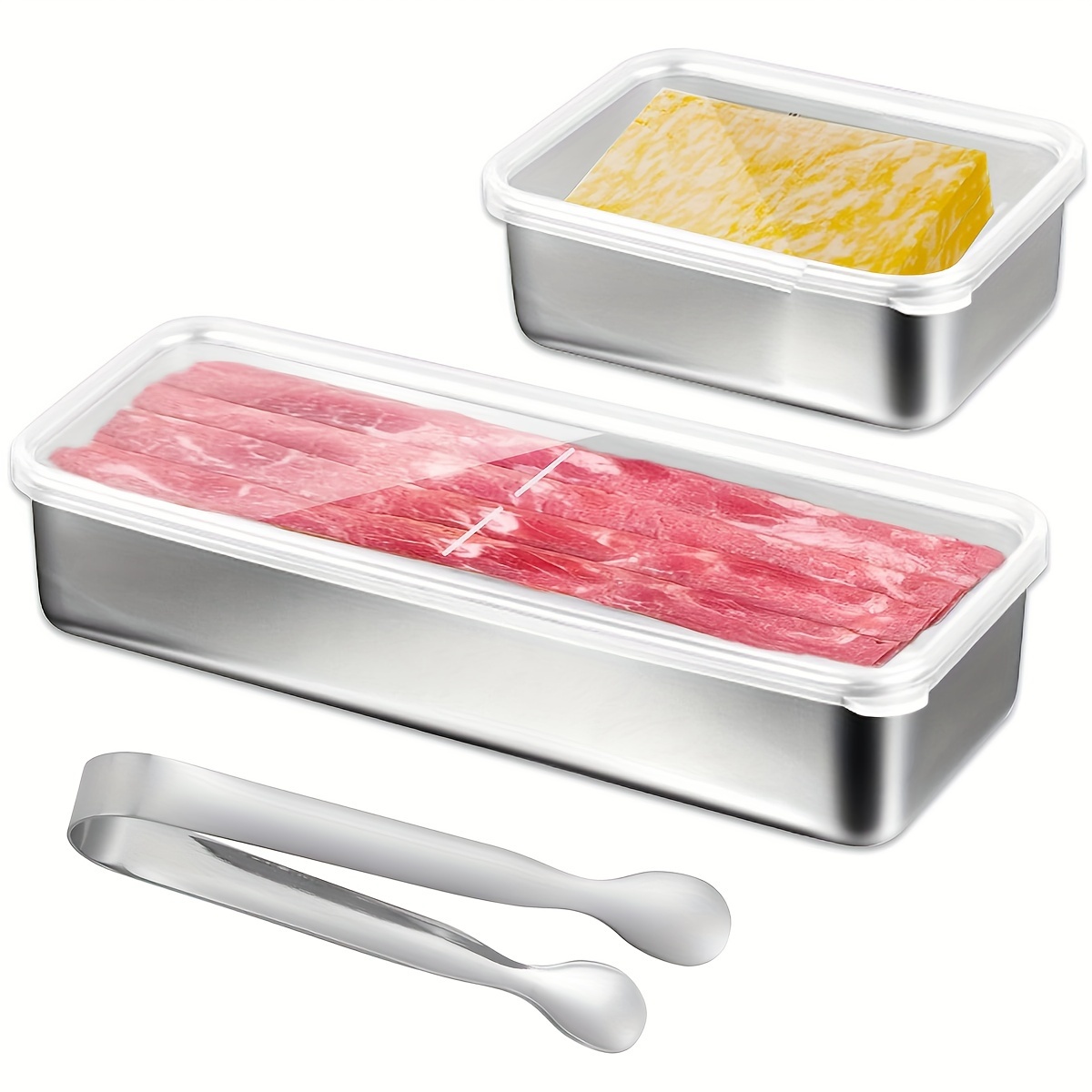 2pcs Cheese Container for Refrigerator, Bacon Container for Refrigerator, 304 Stainless Steel Airtight Deli Meat Storage Containers for Fridge