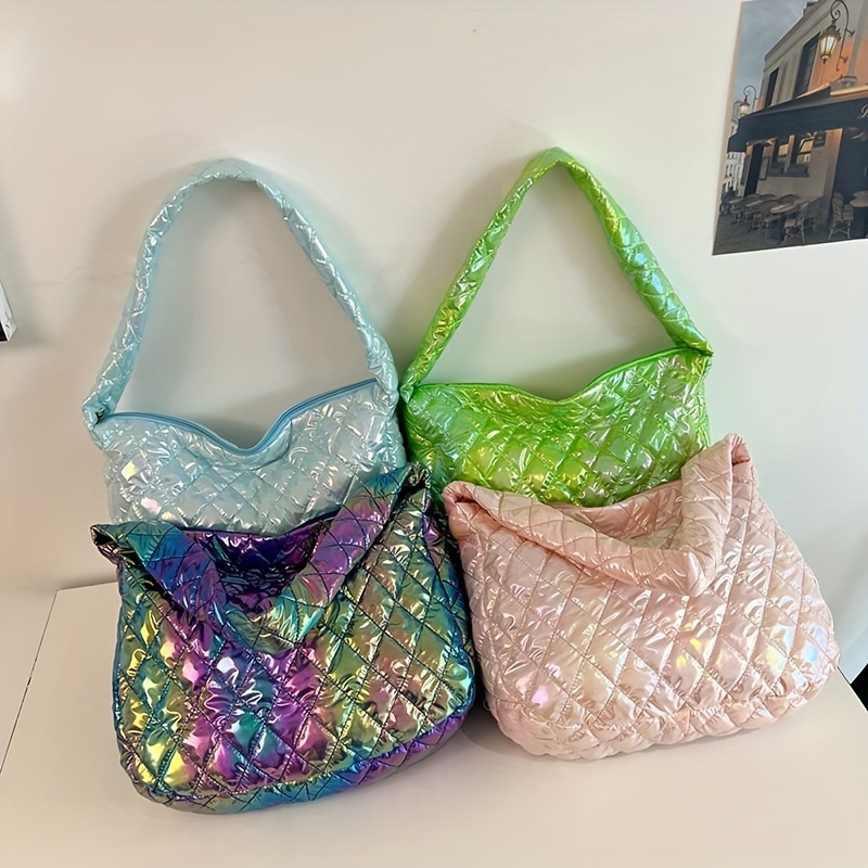 

Hologram Puffer Quilted Tote Bag, Rhombus Padded Shoulder Bag, Trendy Lightweight Hobo Bag For Women