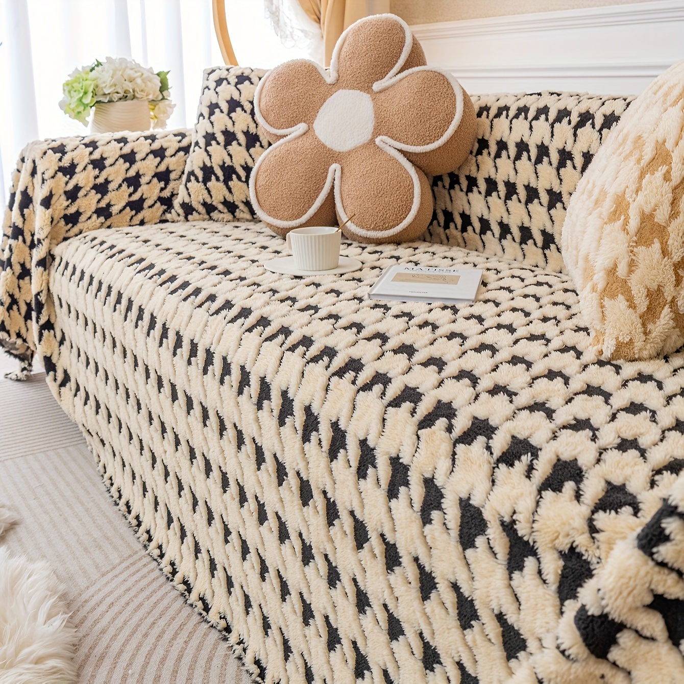 Houndstooth Plush Mat Furniture Protection Anti-Slip Couch Cover