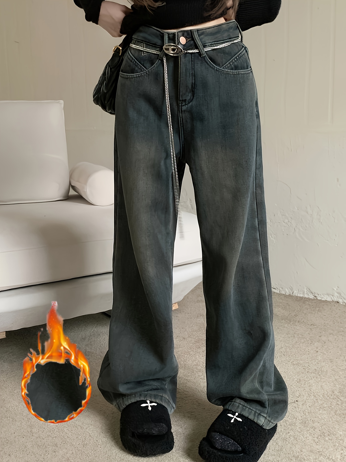Jeans holgados lavados de cintura alta, pantalones anchos sin cinturón con  forro polar suelto, jeans de piernas anchas, ropa y jeans de mezclilla para