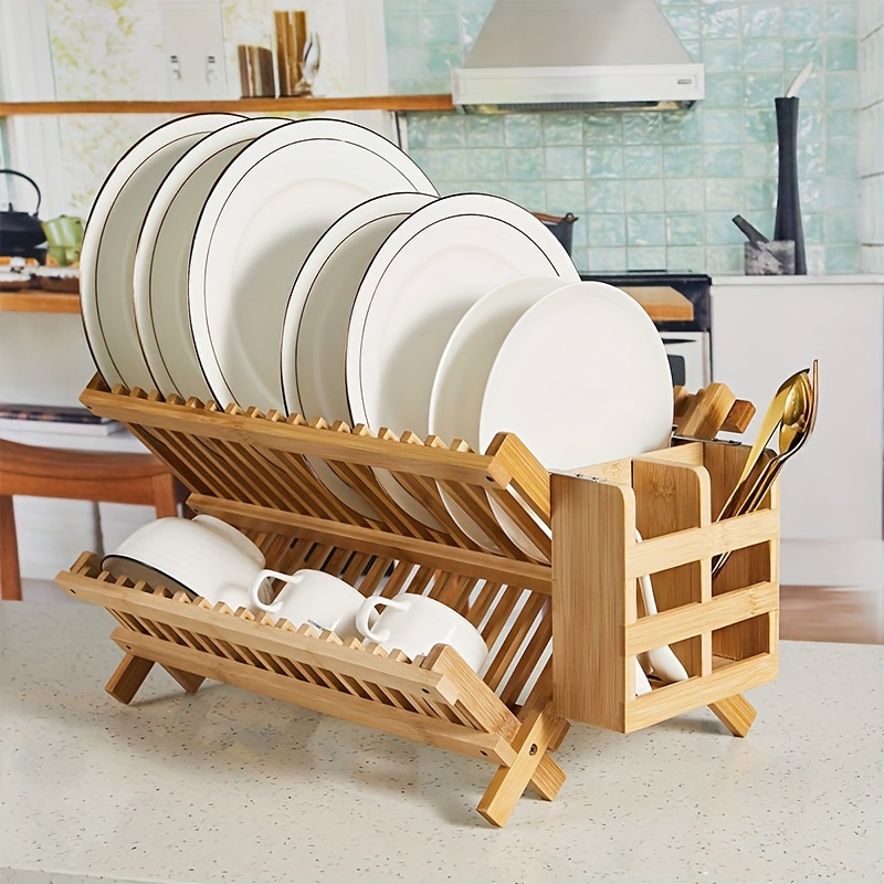 Double Tier Plate Cutlery Dryer Wooden Plate Holder, Dish Drying Rack, For  Kitchen Household Flatware Utensils 