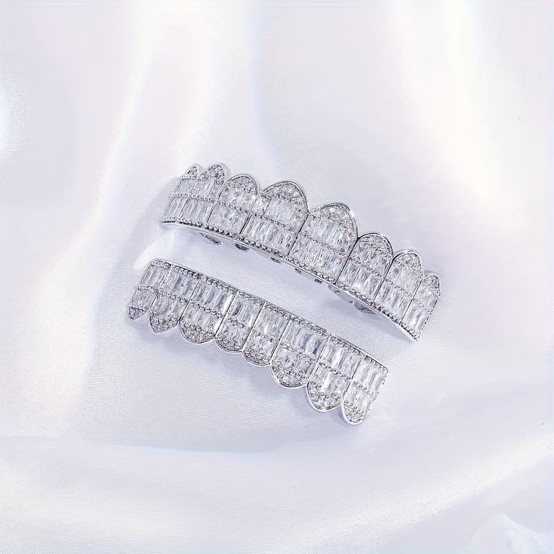 18K Unisex Big Gold Teeth Square Pave CZ 8 Teeth Top Bottom