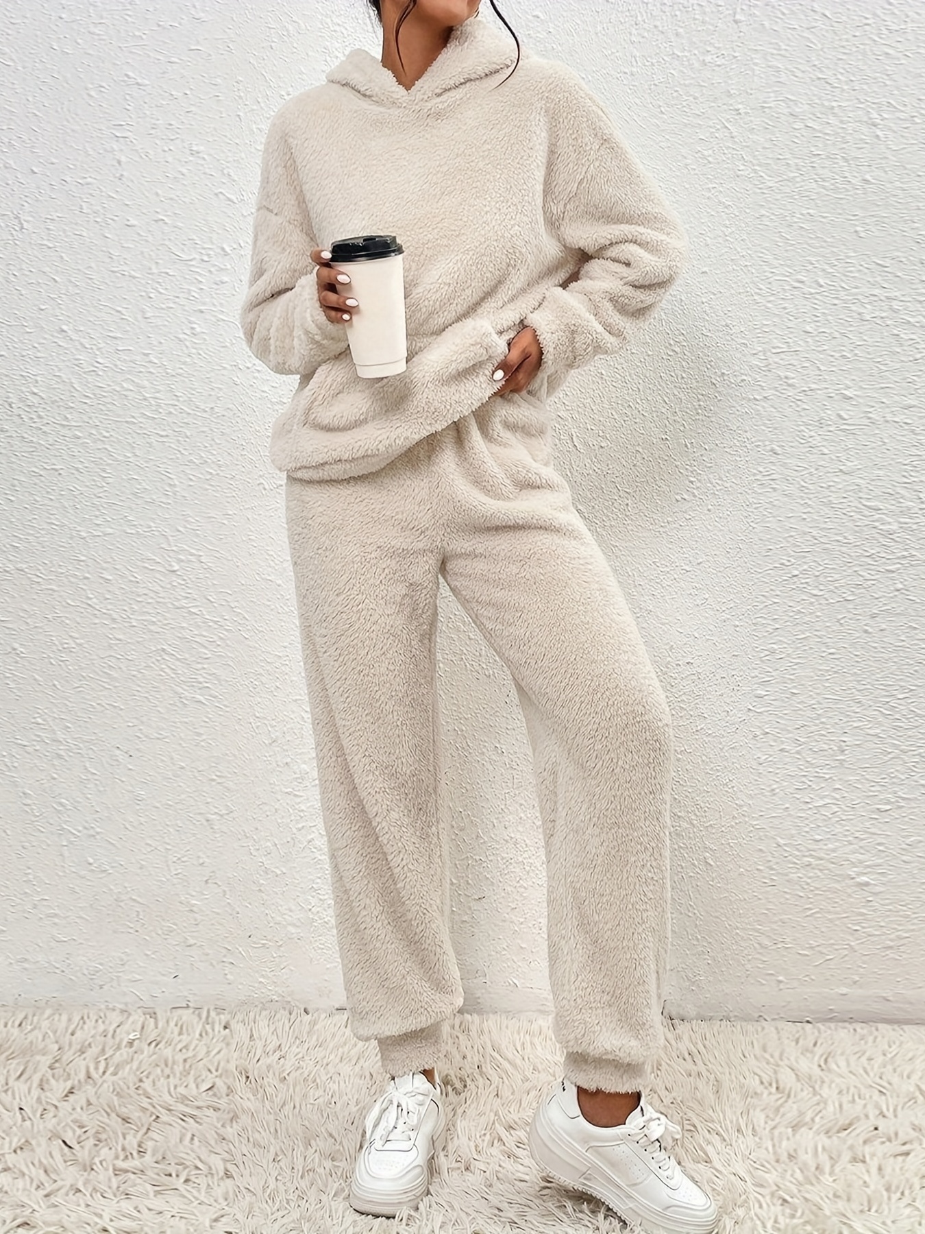 Solid Teddy Two piece Set Long Sleeve Hooded Tops & Warm Pants Outfits