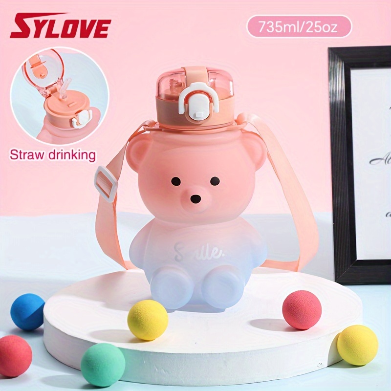 Kawaii Bear Straw Bottle, Bear Water Bottles with Adjustable Shoulder Strap  Cute Stickers,Portable Drinking Cup for Girls Boys School Office Travel