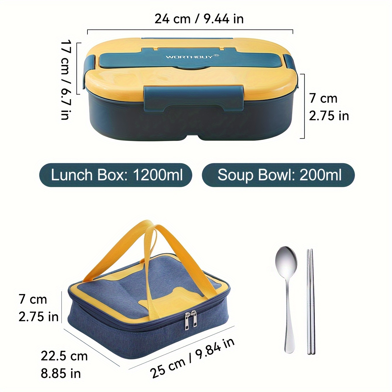 1set 1200ml Plastic Lunch Box With Utensils, Bag And Microwaveable