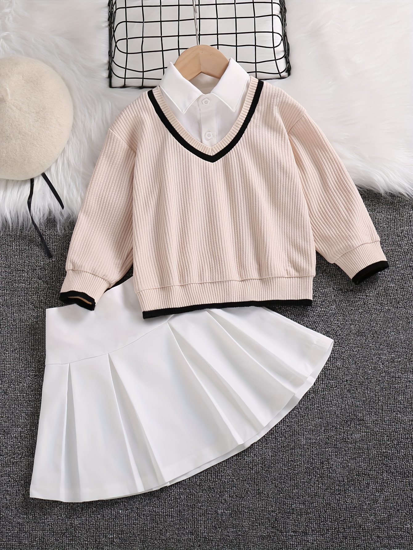 Girls Long Sleeve Preppy Style Sweater Pleated Skirt Set - Temu