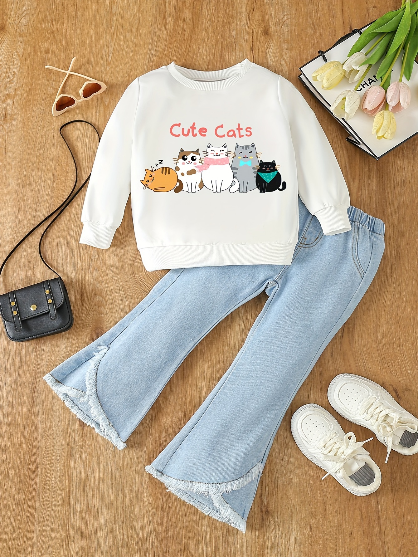 Girls Comfy Outfits Set Zip Long Sleeve Jacket + Flare Pants - Temu