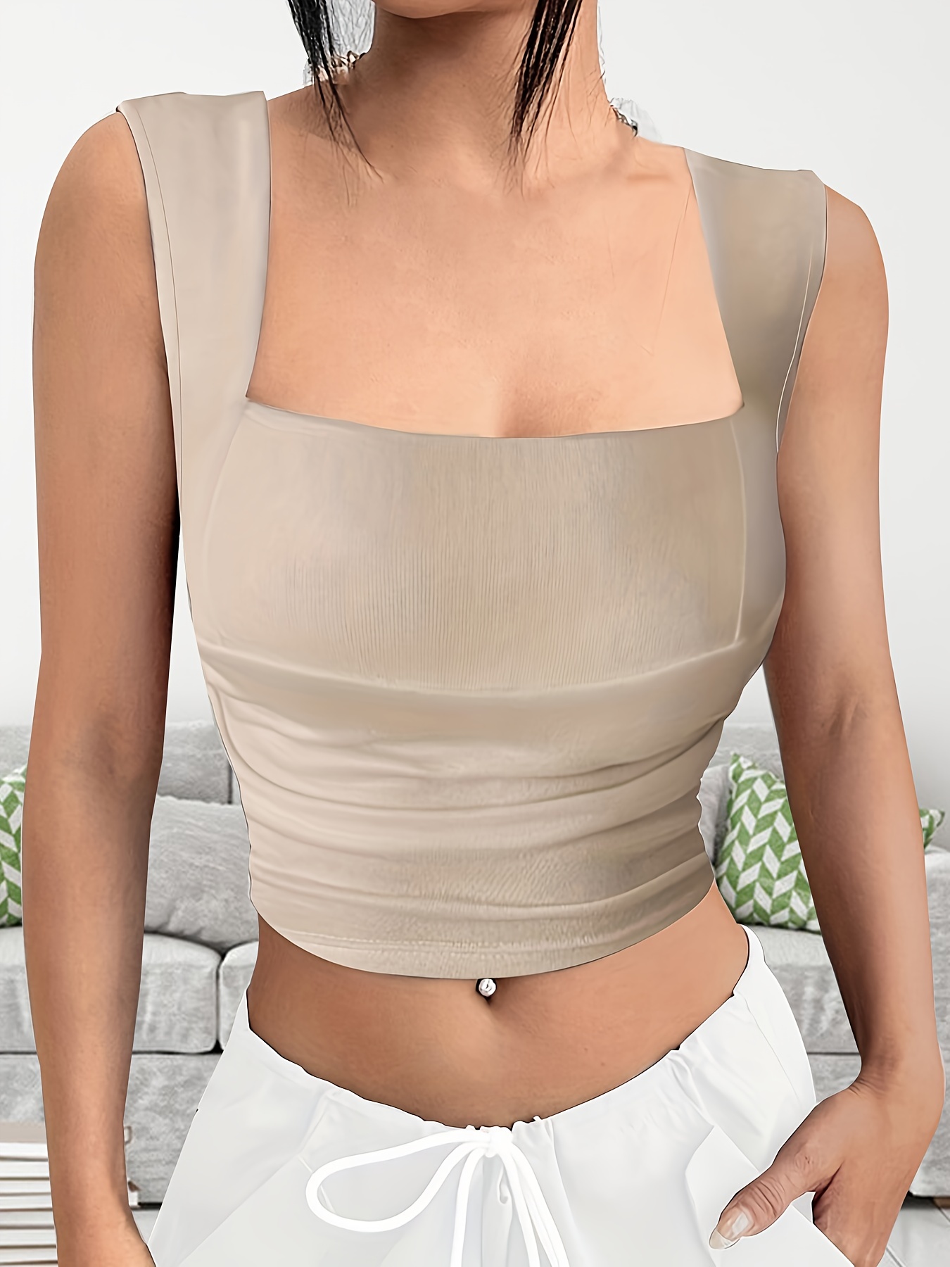 Ruched Square Neck Crop Tank Top Y2k Tank Top Summer Women's - Temu