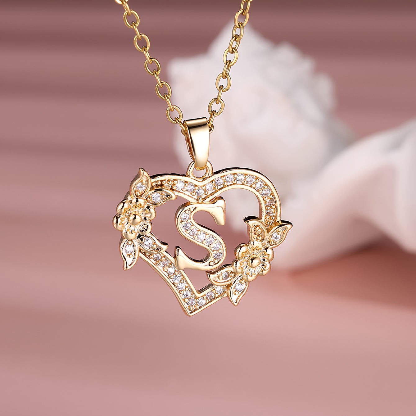 TEMU Elegant White Cubic Zirconia Heart-shaped 26 Letter Floral Pendant Necklace | 14k Golden Plated, Ideal For Valentine's Day Gift, Boho Style By
