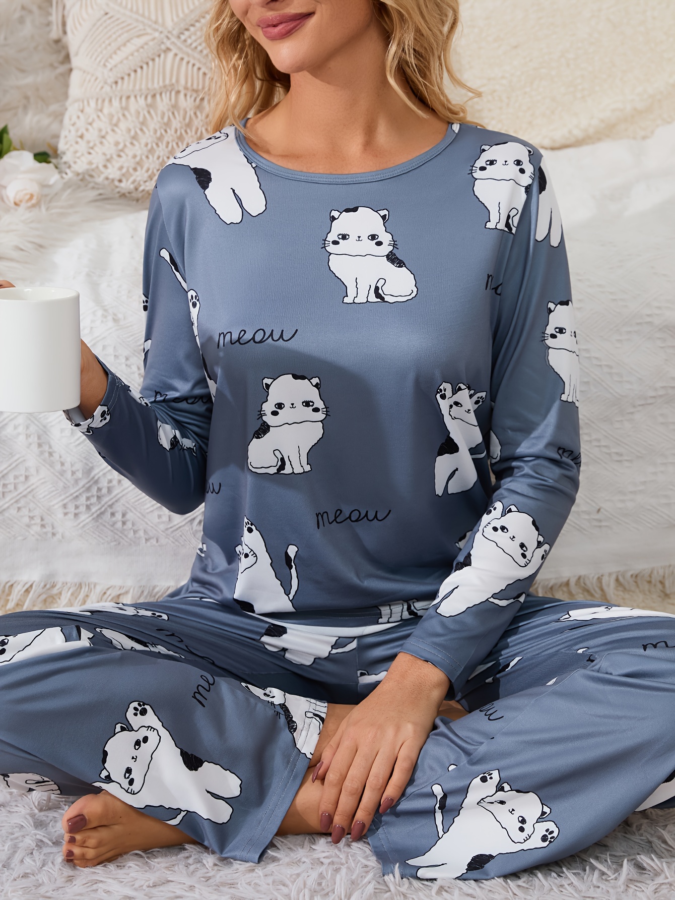 Cute Cartoon Pattern Pajamas Sets Long Sleeve Lapel Blouse - Temu