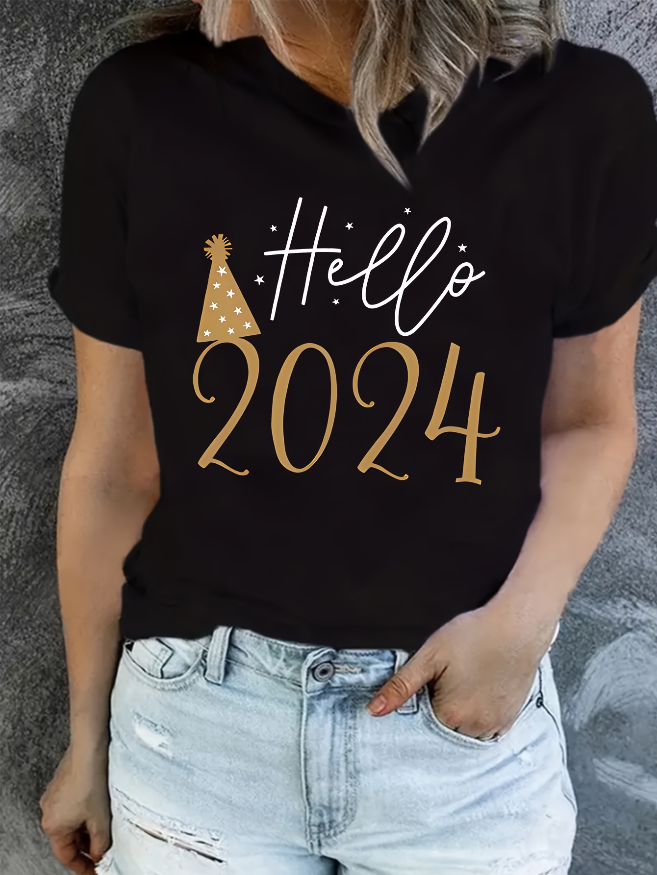 Hello 2024 Print Summer T shirt Versatile Short Sleeve Crew - Temu