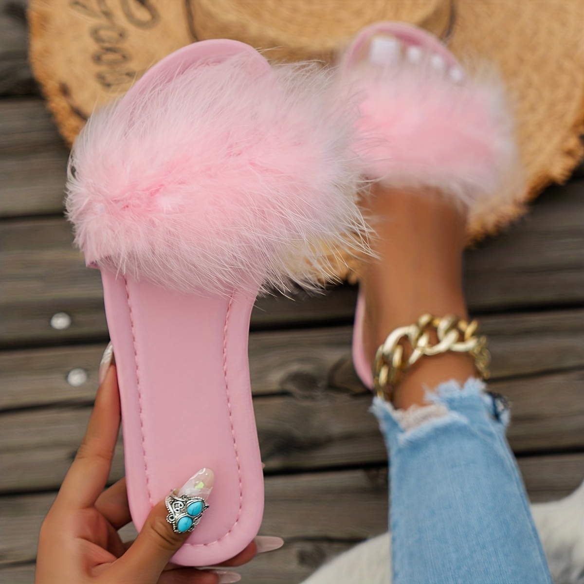 Women s Fluffy Feather Slides Solid Color Open Toe Single Temu