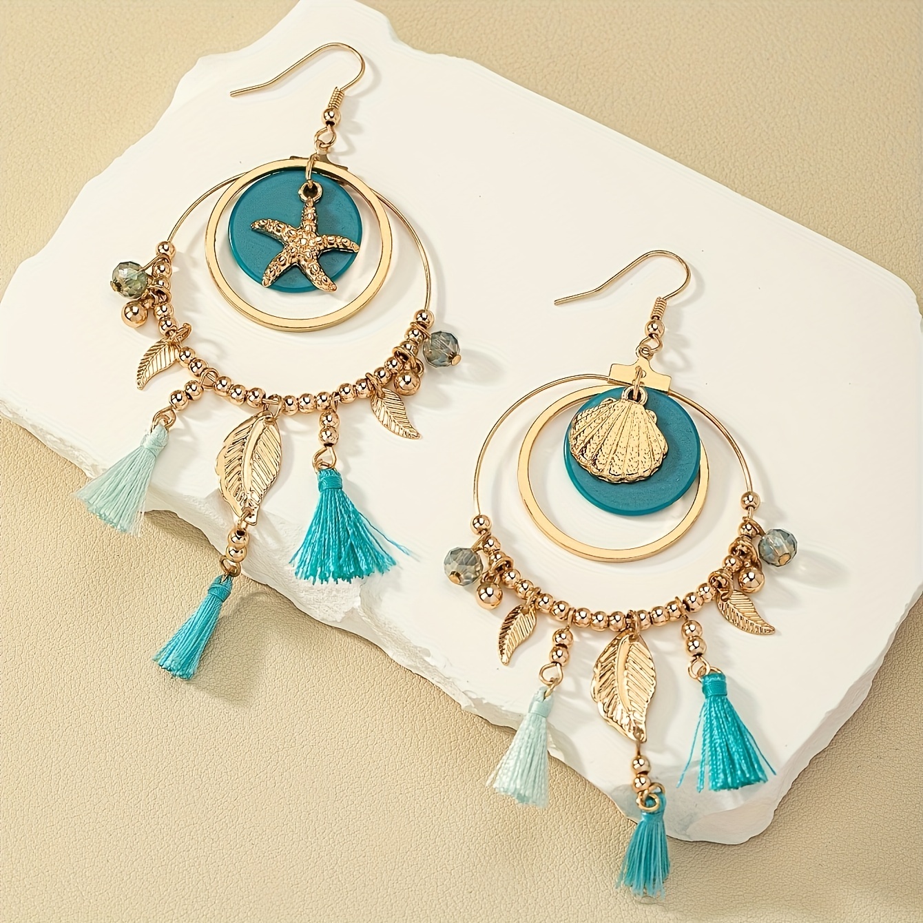 Bohemian Vocation Dangle Earrings with Leaf Tassel Pendant Starfish Shell Decor