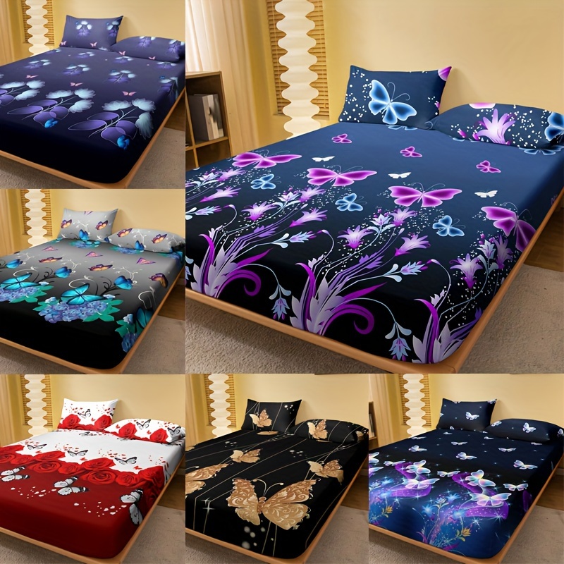 

1pc Brushed Fitted Sheet, Soft Comfortable Butterfly Floral Print Bedding Fitted Sheet, For Bedroom, Guest Room, With Deep Pocket, Fitted Bed Sheet Only, Without Pillowcase