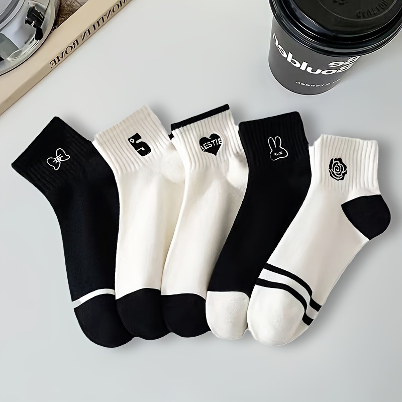 

5 Pairs Preppy Embroidered Socks, Casual & Breathable Short Socks, Women's Stockings & Hosiery