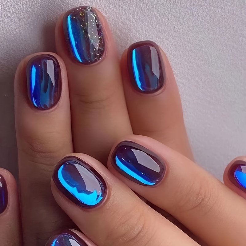 

24pcs Glossy Short Square Fake Nails, Aurora Blue Glitter Press On Nails, Starry Sky False Nails For Women Girls