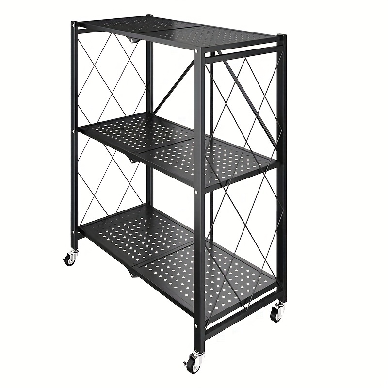 Foldable 3-Tier Bathroom Storage Shelves Rolling Wheels Cart Rack