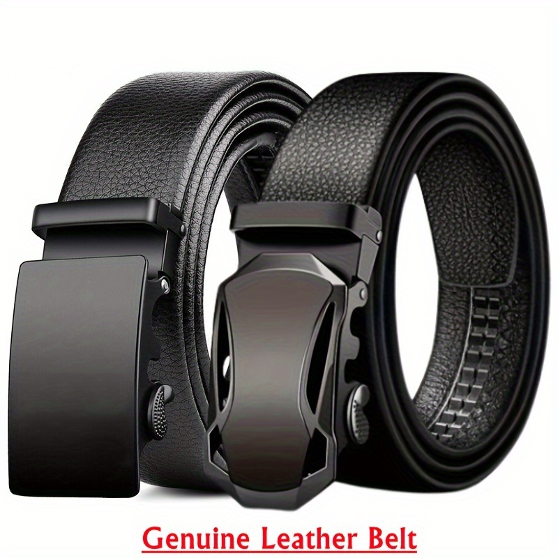 

Men's Genuine Leather Cowhide Belt, Alloy Black Squares Sports Car Automatic Buckle Work Belt