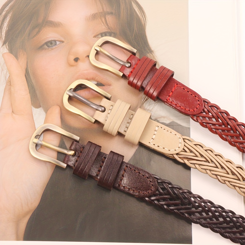 Vintage Leather Braided Belts Classic Unisex Solid Color - Temu Canada
