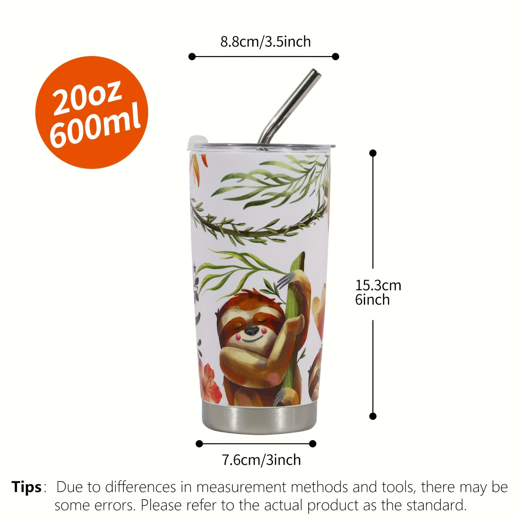 20oz Stainless Steel Sloth Pattern Insulated Tumbler, Keeps Beverage Cold & Hot