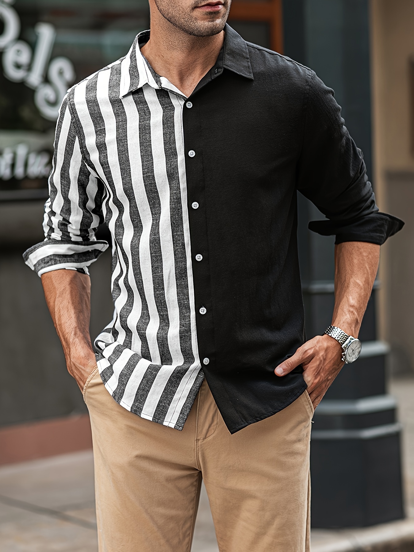 Black and white striped shirt mens long clearance sleeve