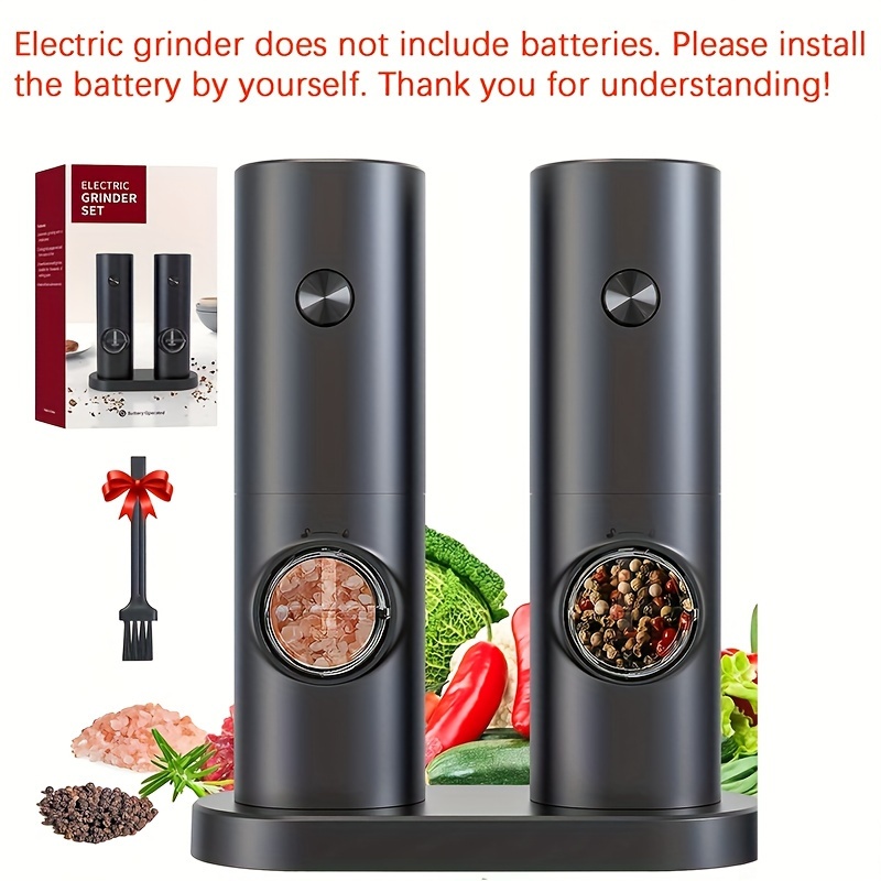 Electric Salt and Pepper Grinder Set - Battery Operated Stainless Steel  Mill with Light (2 Mills) - Automatic One Handed Operation - Electronic