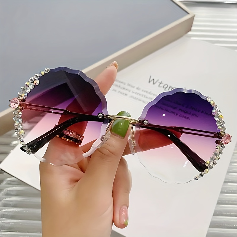 Rhinestone Decor Rimless Sunglasses Gradient Lens Flower Shaped Round Glasses