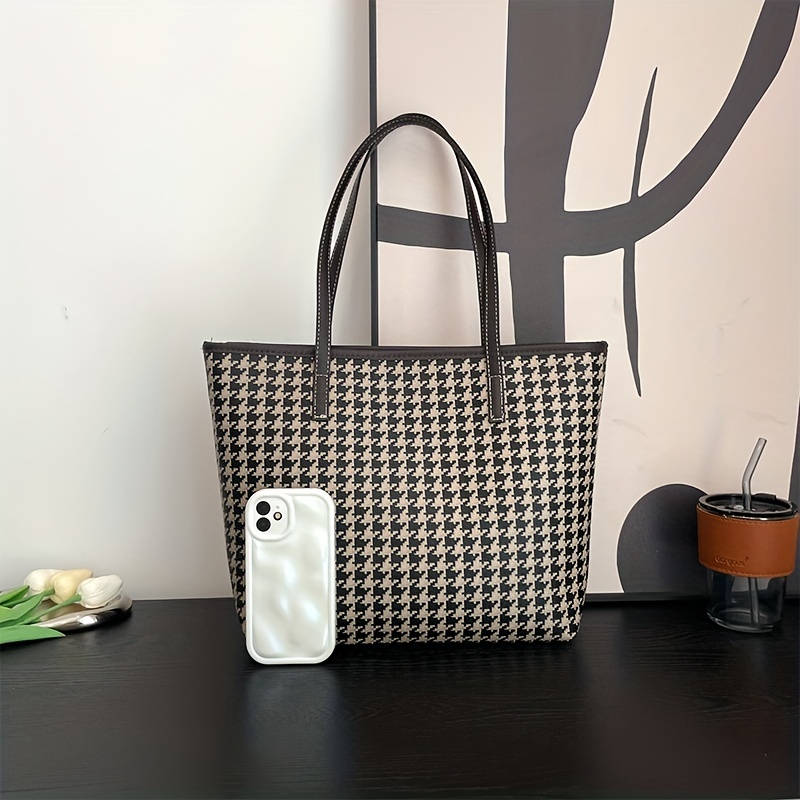 Houndstooth Pattern Tote Bag, Large Capacity Shoulder Bag, Versatile Handbag  For Commuter, Shopping - Temu